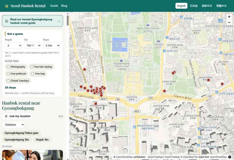 seoulhanbok.com — quote calculator and a map showing every hanbok rental shop around Gyeongbokgung
